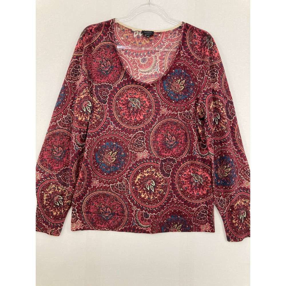 Talbots Sweater L Red Medallion Paisley Merino Wool Long Sleeve Knit Top